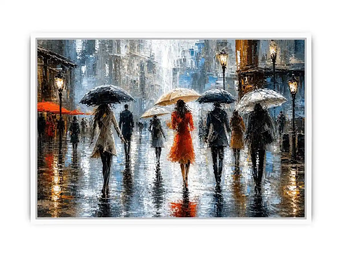 Abstract rainy city painting with elegant figures and umbrellas in neutral tones with red accents modern wall art