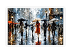 Abstract rainy city painting with elegant figures and umbrellas in neutral tones with red accents modern wall art