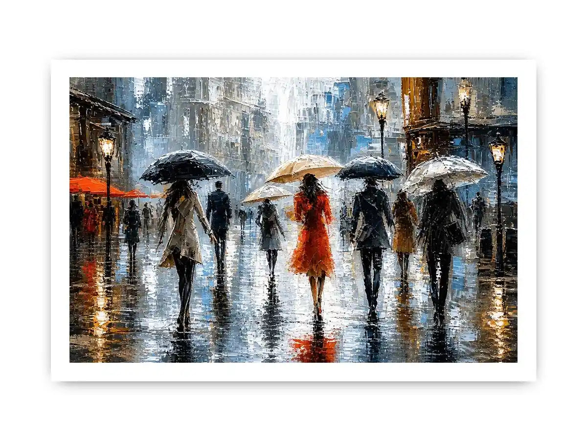 Abstract rainy city painting with elegant figures and umbrellas in neutral tones with red accents modern wall art
