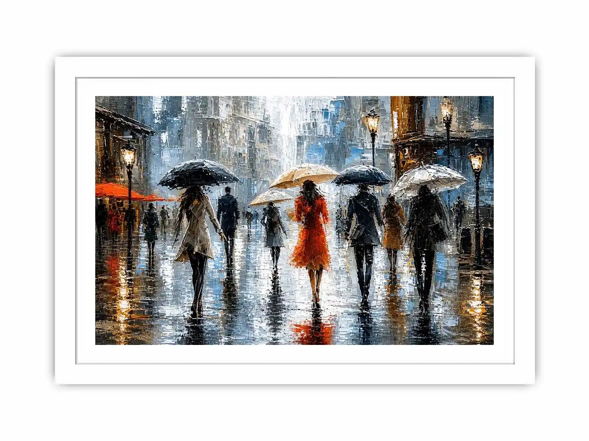 Abstract rainy city painting with elegant figures and umbrellas in neutral tones with red accents modern wall art