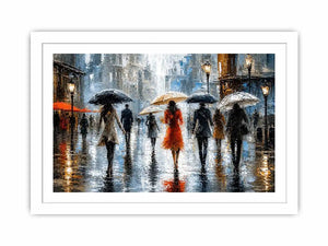 Abstract rainy city painting with elegant figures and umbrellas in neutral tones with red accents modern wall art