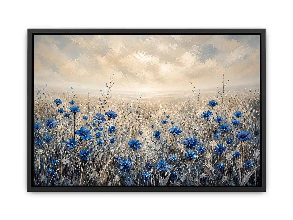 Abstract blue floral field painting soft neutral modern botanical wall art