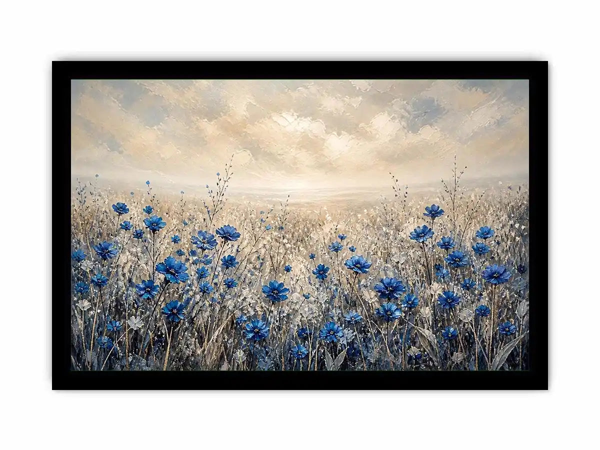 Abstract blue floral field painting soft neutral modern botanical wall art