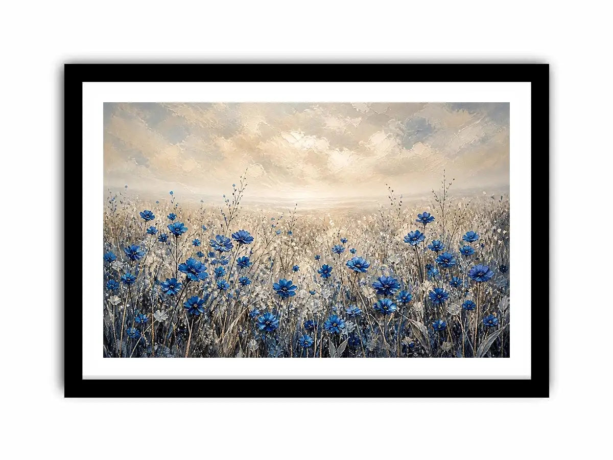 Abstract blue floral field painting soft neutral modern botanical wall art