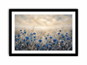 Abstract blue floral field painting soft neutral modern botanical wall art