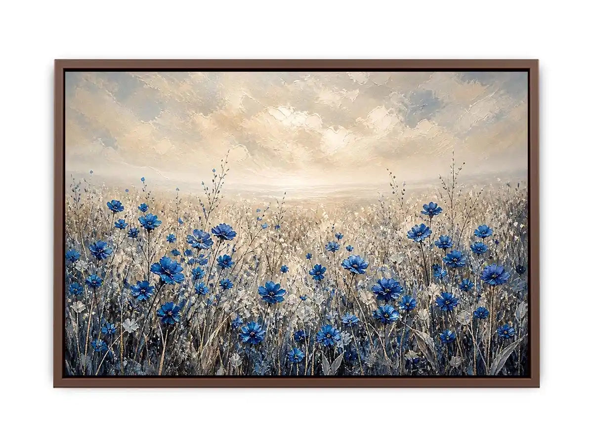 Abstract blue floral field painting soft neutral modern botanical wall art