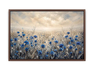 Abstract blue floral field painting soft neutral modern botanical wall art