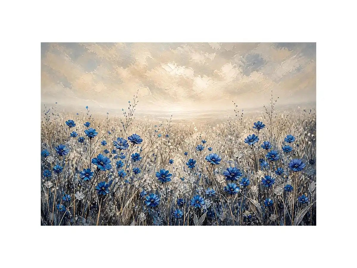 Abstract blue floral field painting soft neutral modern botanical wall art