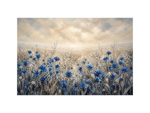 Abstract blue floral field painting soft neutral modern botanical wall art