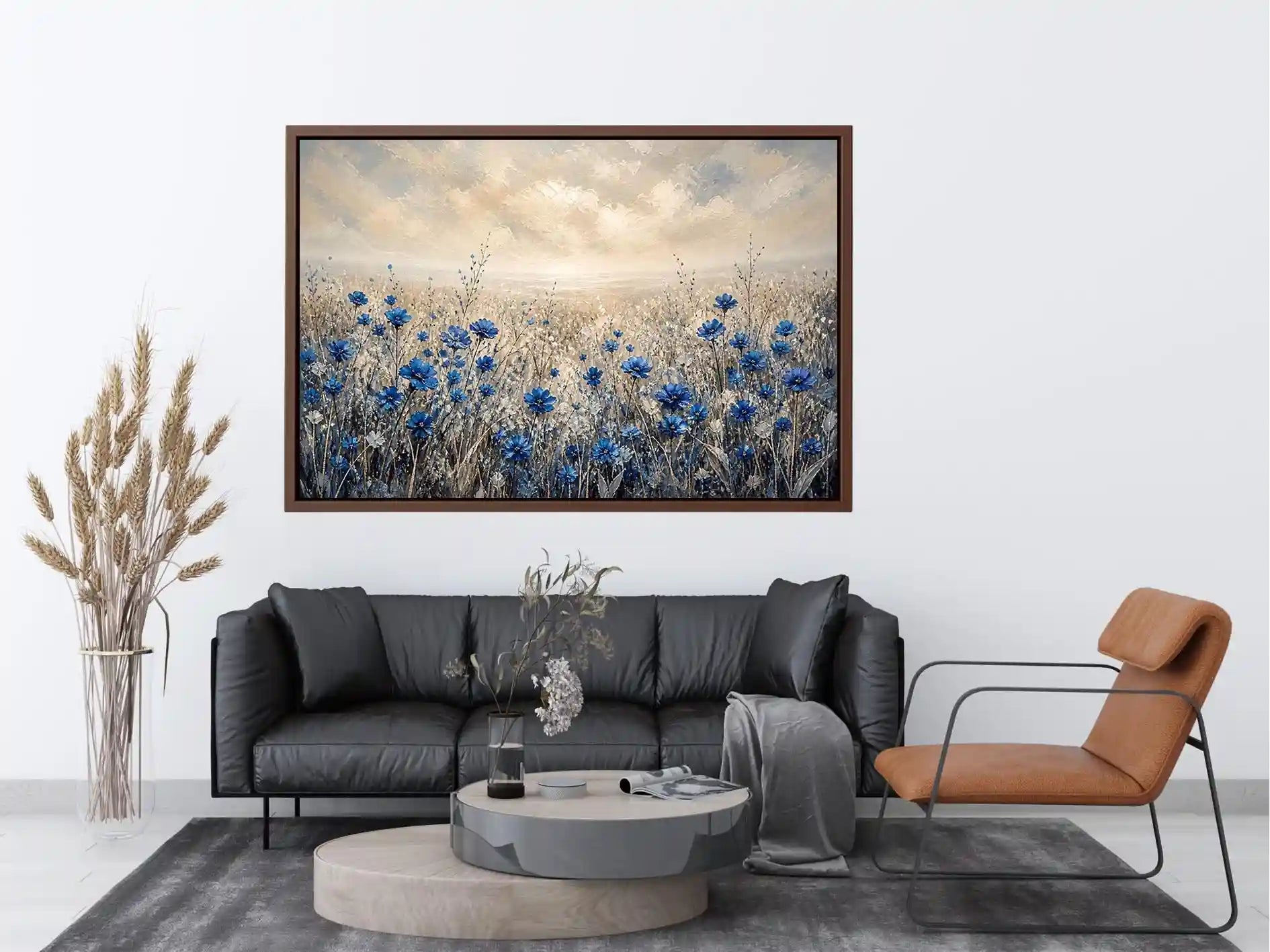 Abstract blue floral field painting soft neutral modern botanical wall art