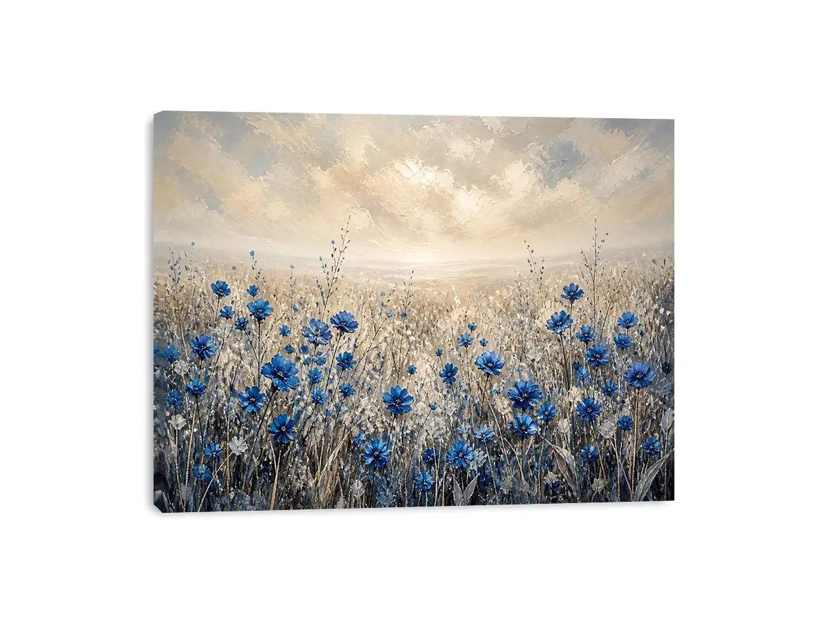Abstract blue floral field painting soft neutral modern botanical wall art