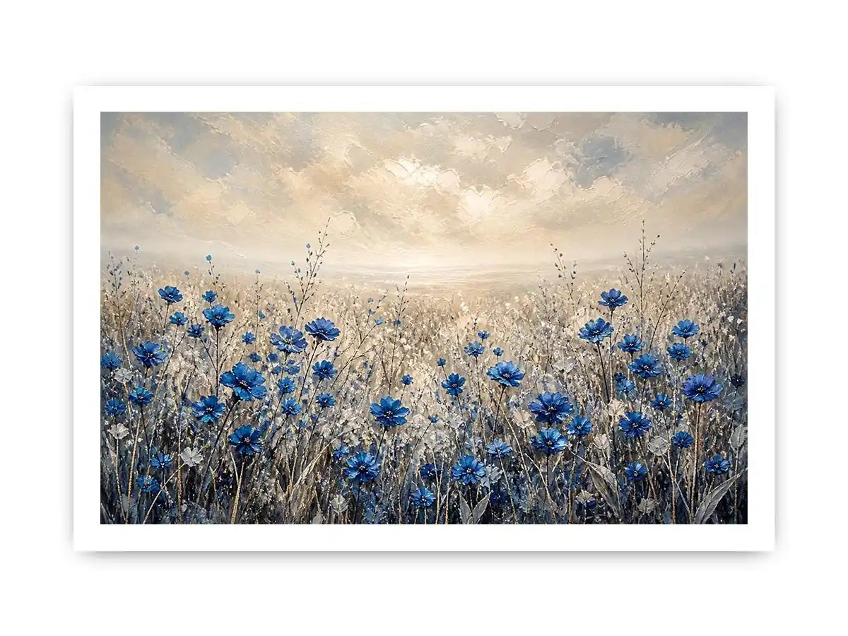 Abstract blue floral field painting soft neutral modern botanical wall art