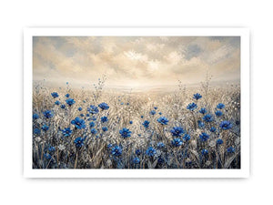 Abstract blue floral field painting soft neutral modern botanical wall art
