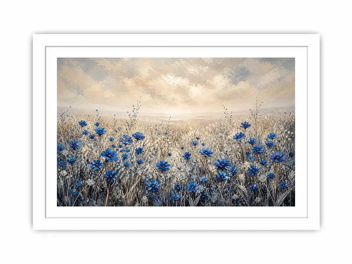 Abstract blue floral field painting soft neutral modern botanical wall art