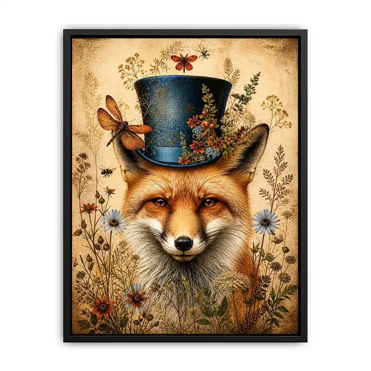 Vintage fox with top hat botanical illustration whimsical animal wall art