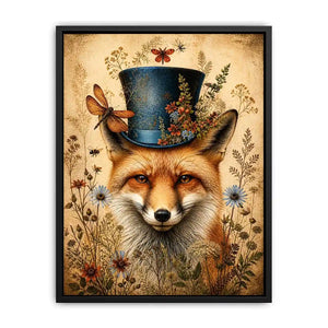 Vintage fox with top hat botanical illustration whimsical animal wall art
