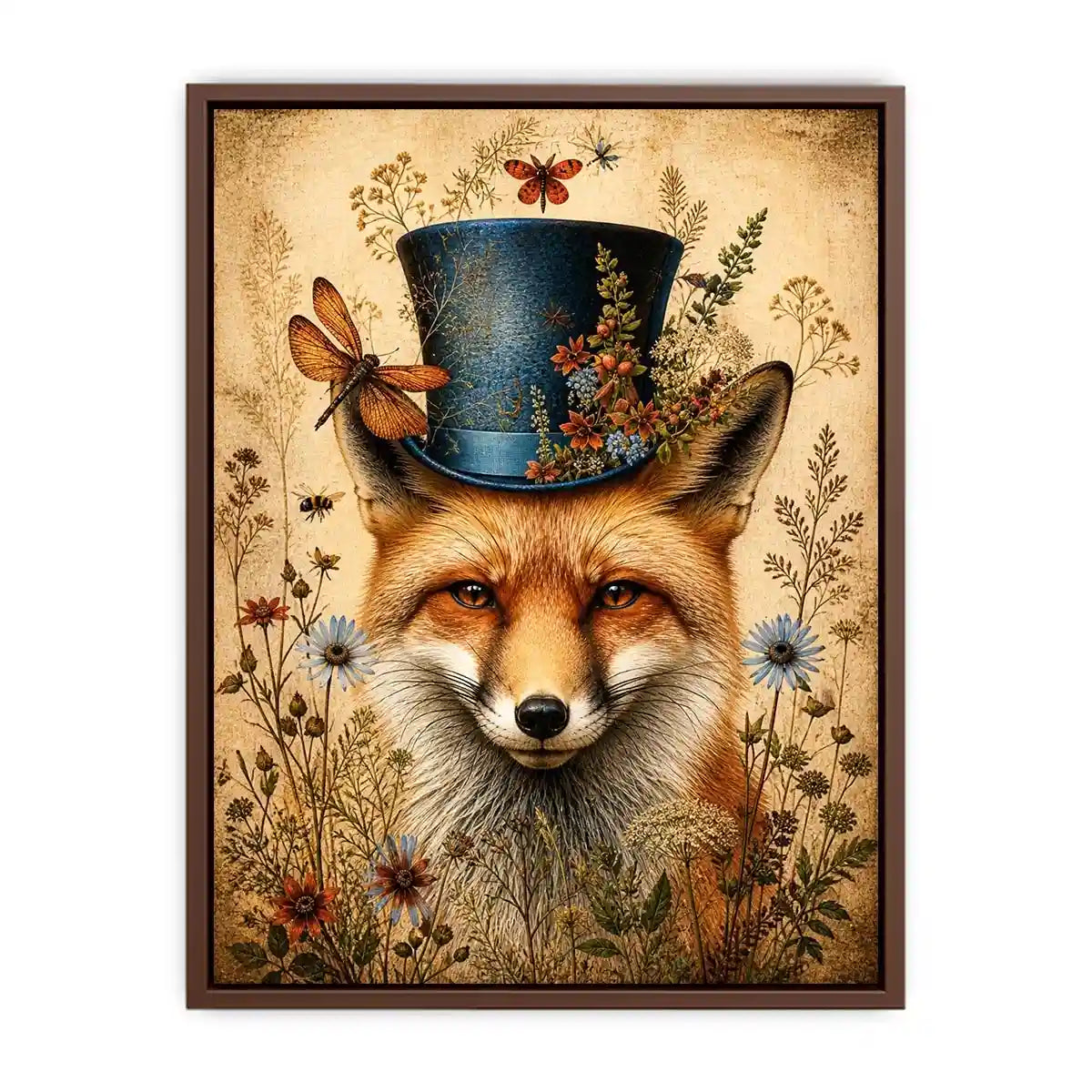 Vintage fox with top hat botanical illustration whimsical animal wall art
