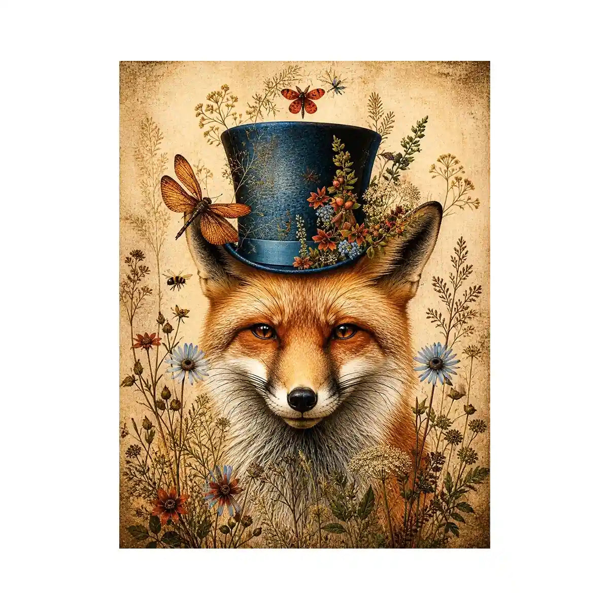 Vintage fox with top hat botanical illustration whimsical animal wall art