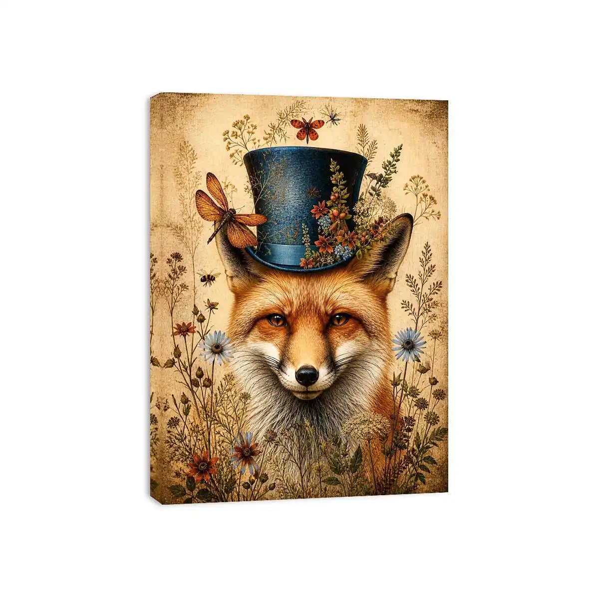 Vintage fox with top hat botanical illustration whimsical animal wall art