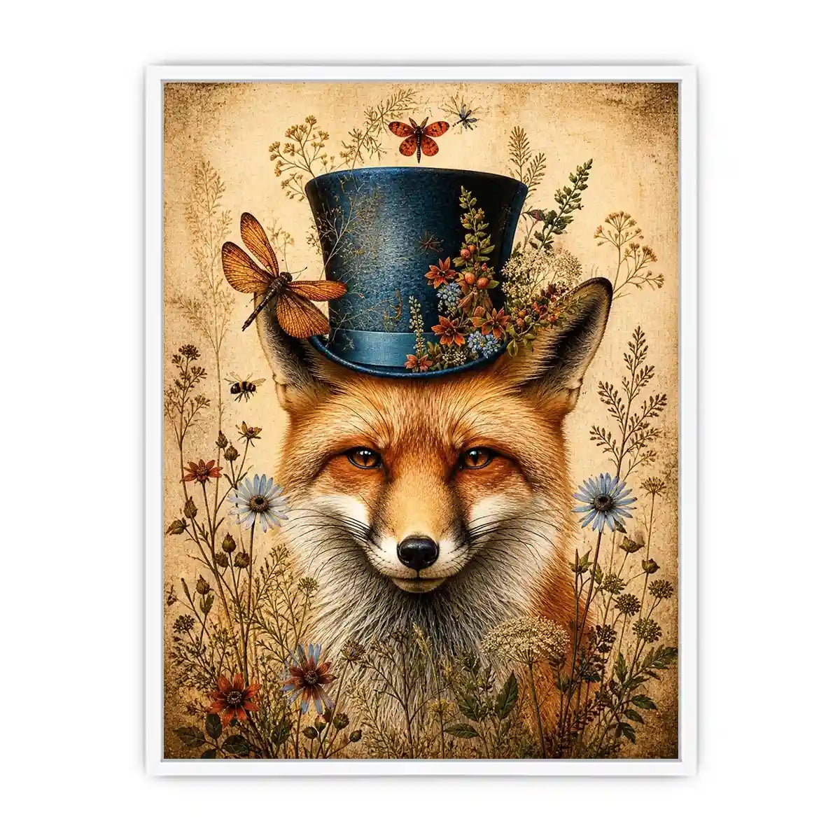 Vintage fox with top hat botanical illustration whimsical animal wall art