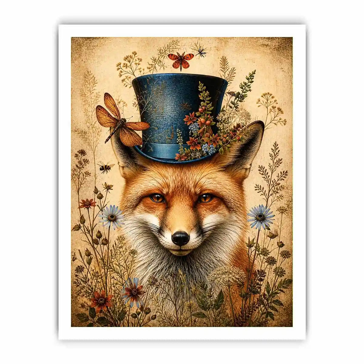 Vintage fox with top hat botanical illustration whimsical animal wall art