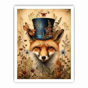 Vintage fox with top hat botanical illustration whimsical animal wall art