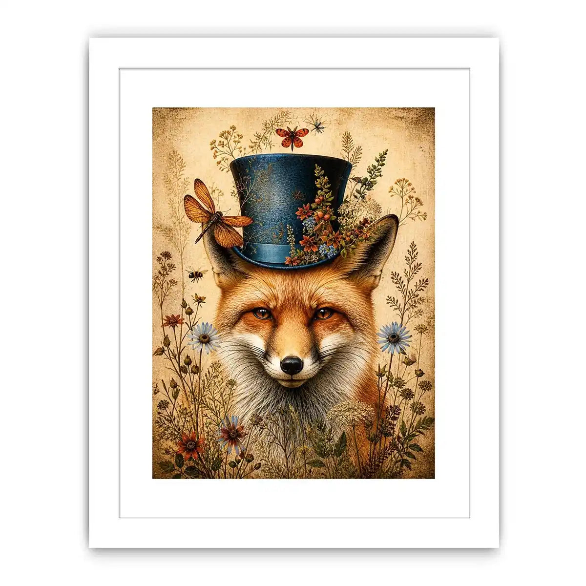 Vintage fox with top hat botanical illustration whimsical animal wall art