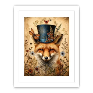 Vintage fox with top hat botanical illustration whimsical animal wall art