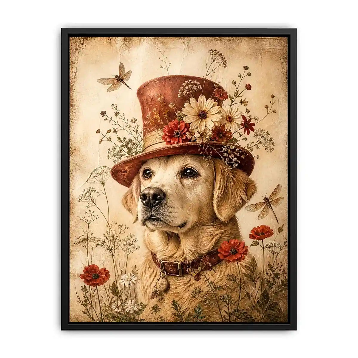 Vintage dog with floral hat botanical illustration whimsical animal wall art
