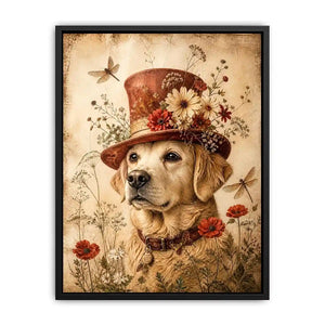 Vintage dog with floral hat botanical illustration whimsical animal wall art
