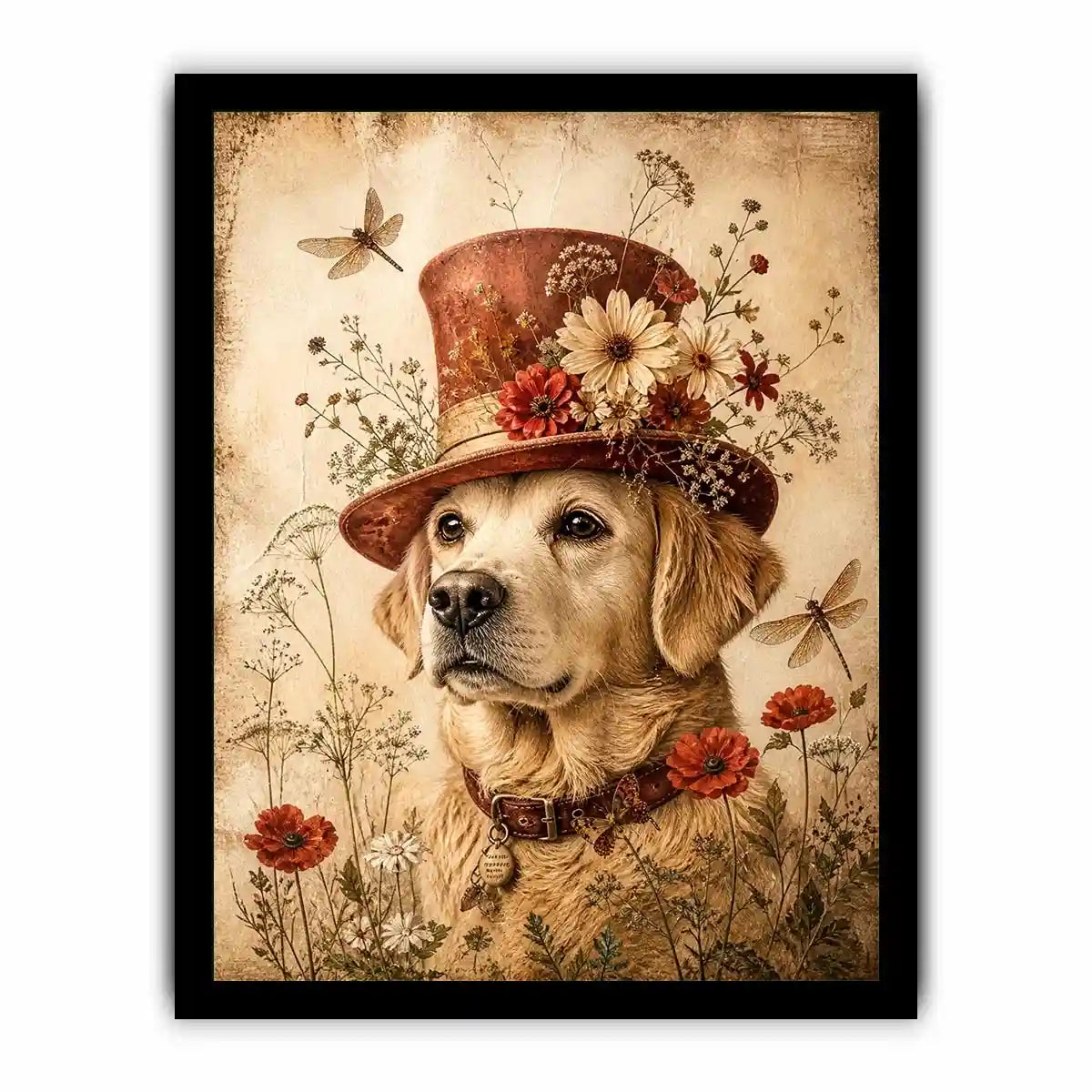 Vintage dog with floral hat botanical illustration whimsical animal wall art