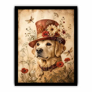 Vintage dog with floral hat botanical illustration whimsical animal wall art