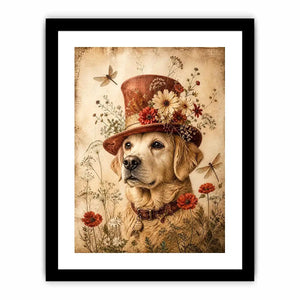 Vintage dog with floral hat botanical illustration whimsical animal wall art