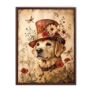 Vintage dog with floral hat botanical illustration whimsical animal wall art