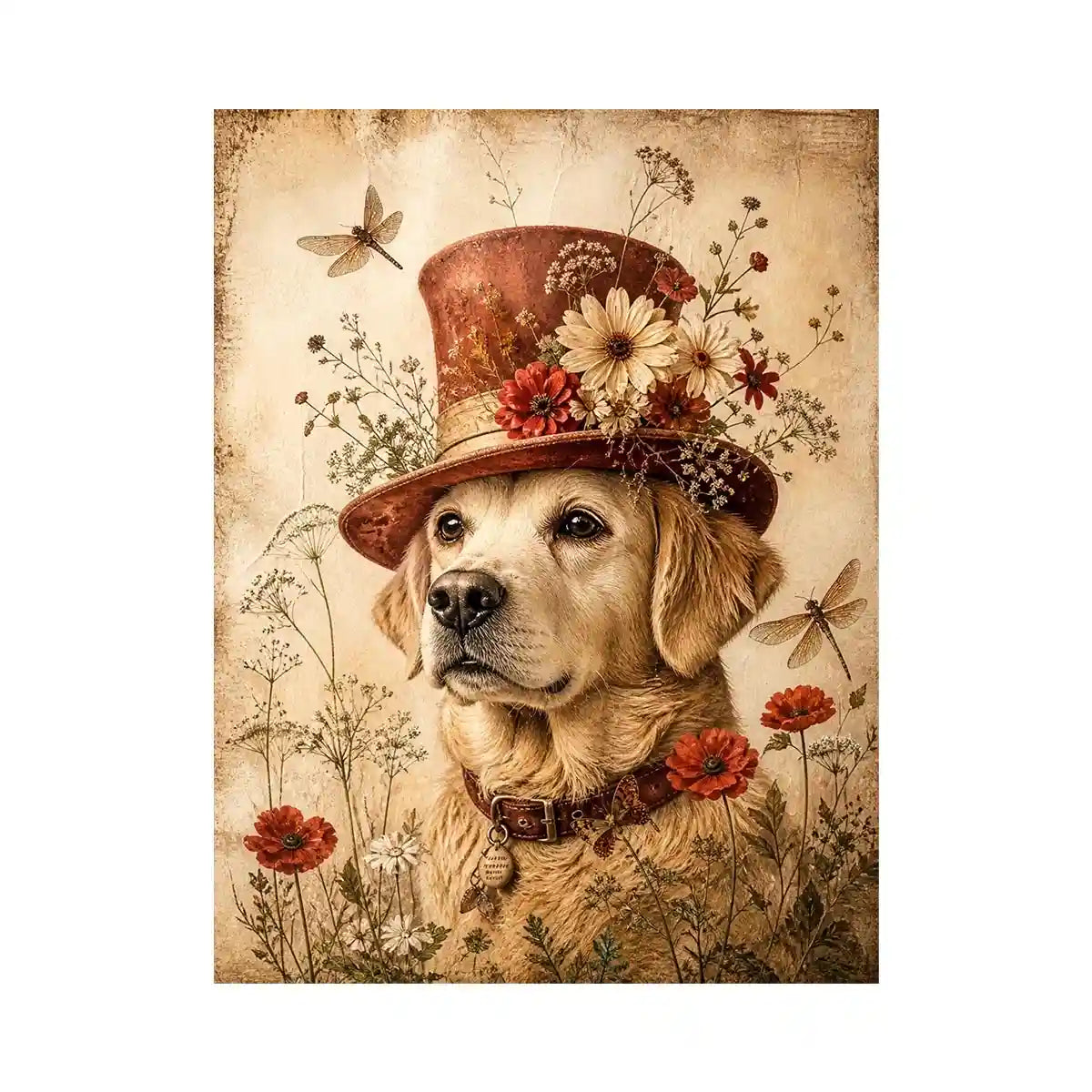 Vintage dog with floral hat botanical illustration whimsical animal wall art