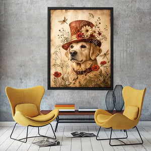 Vintage dog with floral hat botanical illustration whimsical animal wall art