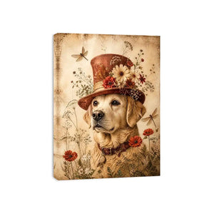 Vintage dog with floral hat botanical illustration whimsical animal wall art