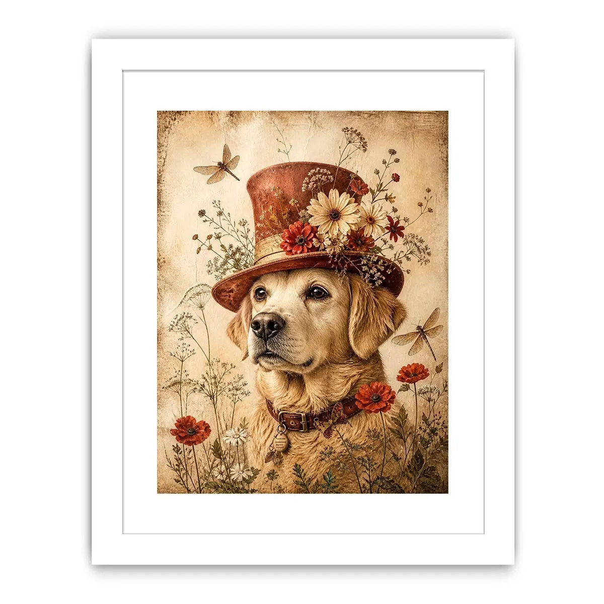 Vintage dog with floral hat botanical illustration whimsical animal wall art