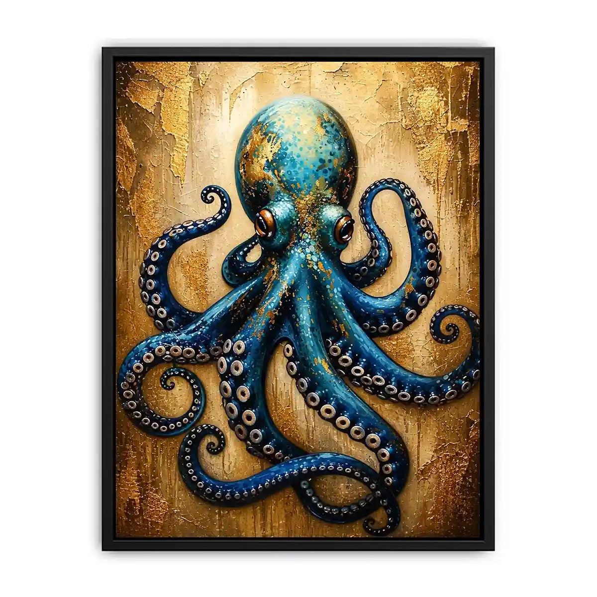 Luxury blue octopus with gold texture modern ocean wall art canvas