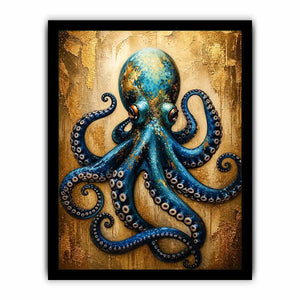 Luxury blue octopus with gold texture modern ocean wall art canvas