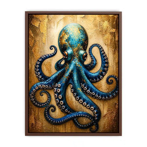 Luxury blue octopus with gold texture modern ocean wall art canvas