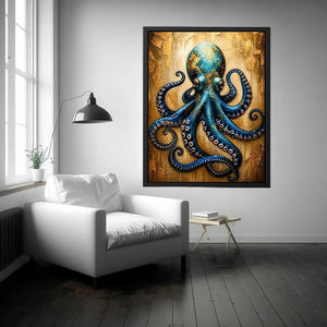 Luxury blue octopus with gold texture modern ocean wall art canvas