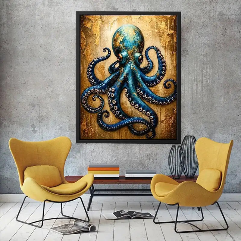 Luxury blue octopus with gold texture modern ocean wall art canvas