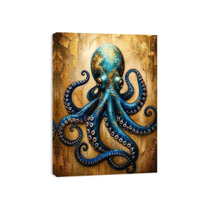 Luxury blue octopus with gold texture modern ocean wall art canvas