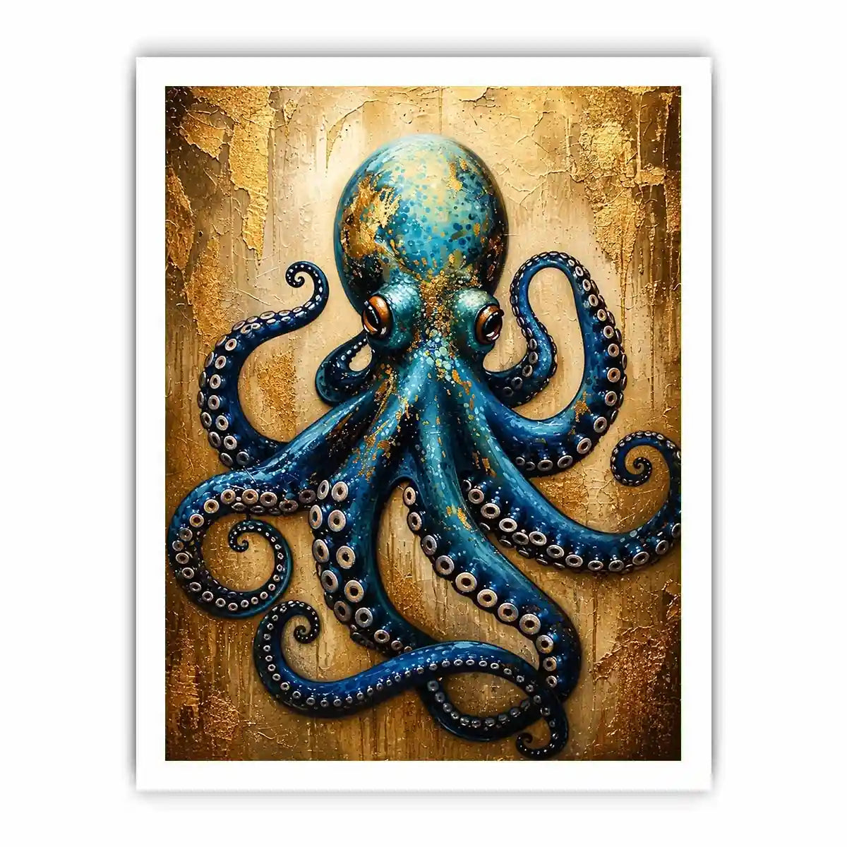 Luxury blue octopus with gold texture modern ocean wall art canvas