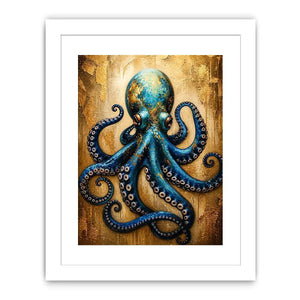 Luxury blue octopus with gold texture modern ocean wall art canvas
