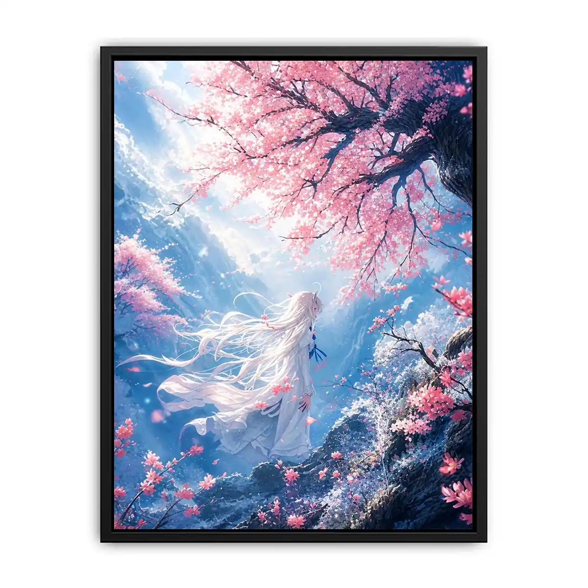 Ethereal anime girl under cherry blossoms dreamy sakura wall art canvas