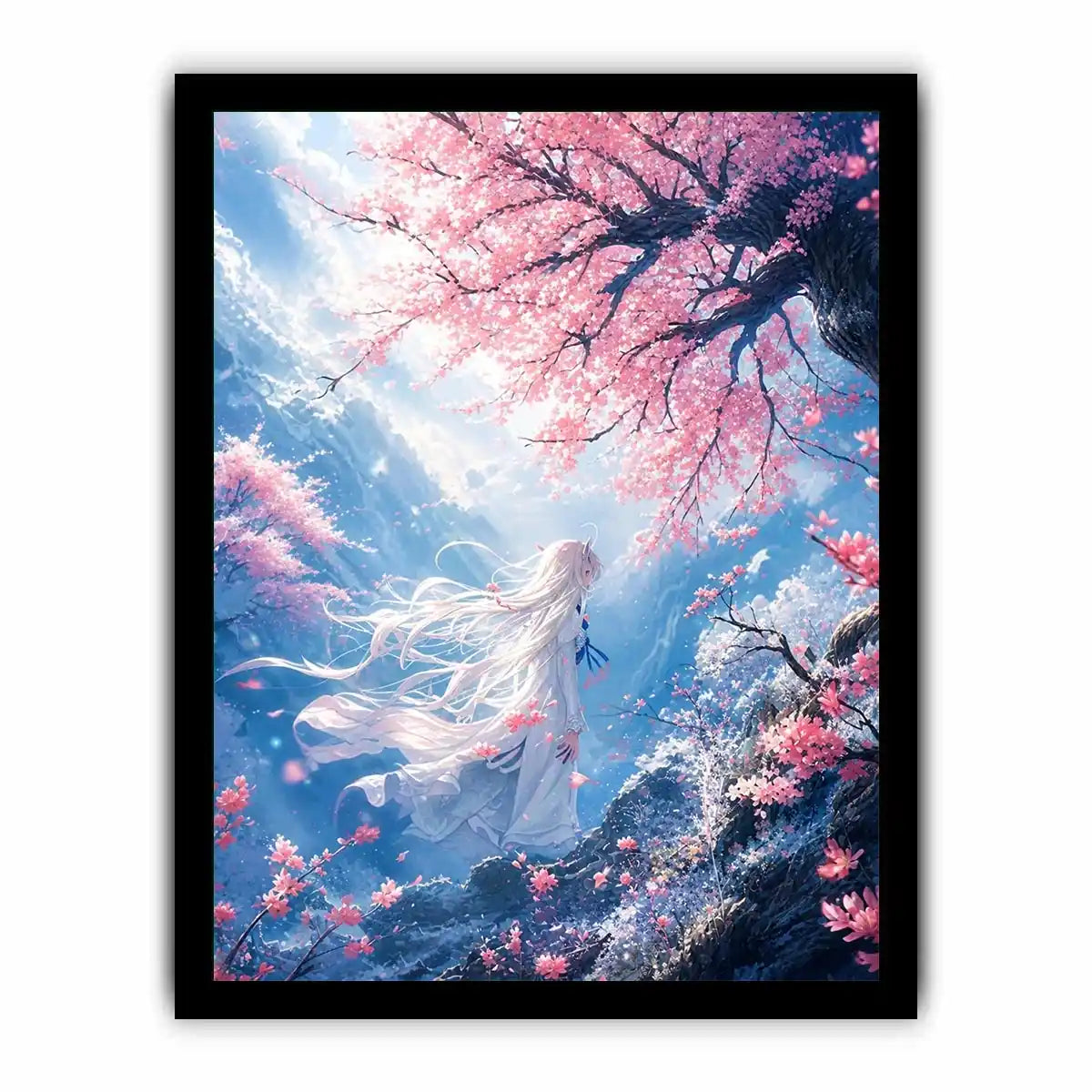 Ethereal anime girl under cherry blossoms dreamy sakura wall art canvas