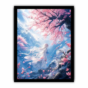 Ethereal anime girl under cherry blossoms dreamy sakura wall art canvas