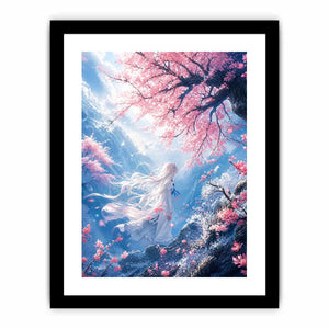 Ethereal anime girl under cherry blossoms dreamy sakura wall art canvas